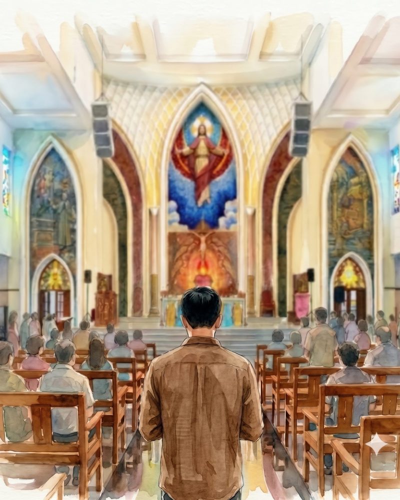 Watercolour of Rosheel standing in the aisle facing the altar
