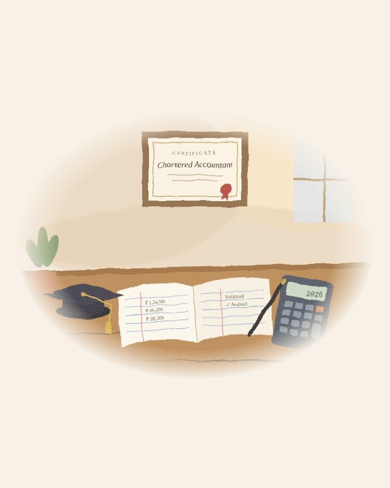 Illustration of a study desk with a Chartered Accountant certificate