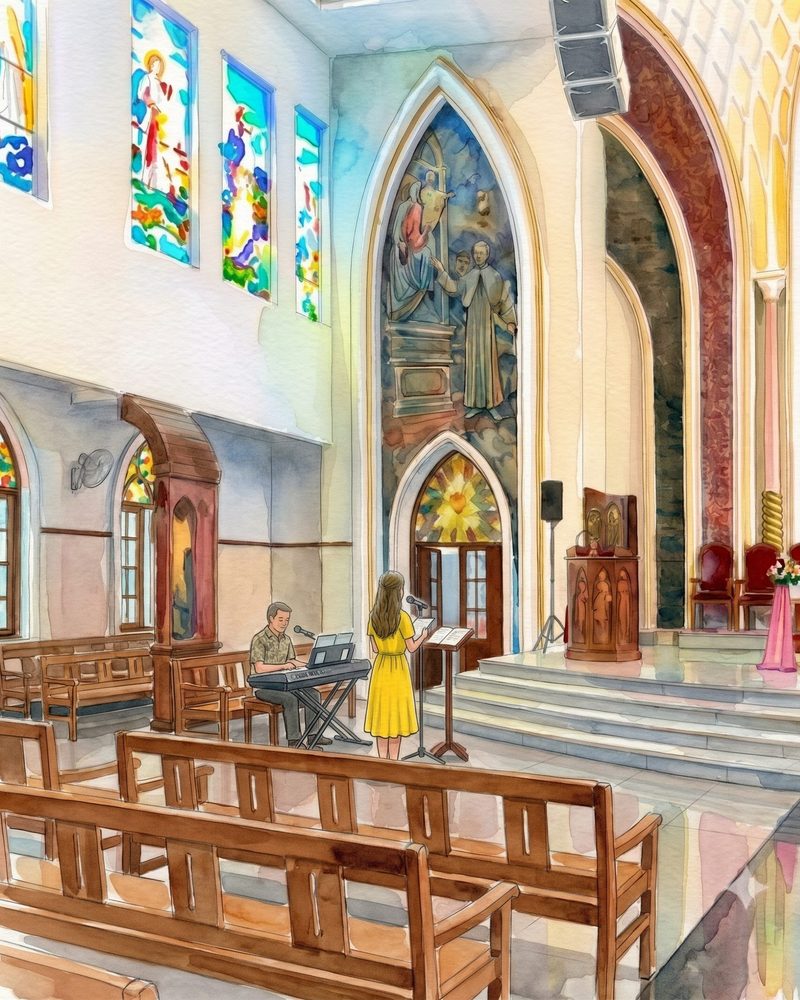 Watercolour of Keerthy singing in the church choir